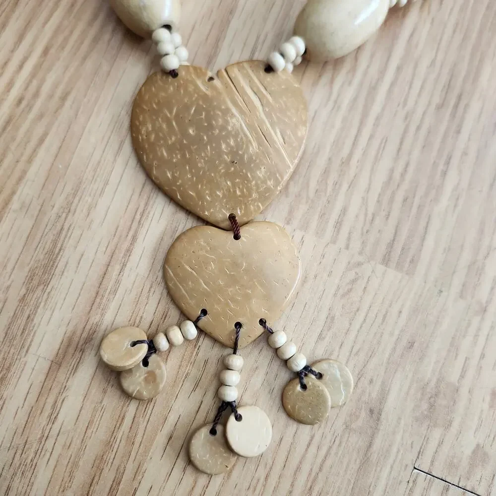 Boho Coconut‎ Shell Wood Bead Double Heart Pendant Necklace Tribal Beach Style